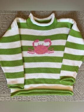 Kids Striped Green & White Sweater with Pink Crab Motif